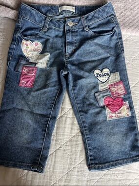 Route 66 Girls' Blue Denim Jeans with Pink and Cream Heart Patches